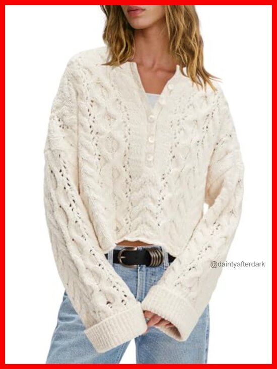 Sweaters - Chunky Cable Knit Bell Sleeve Oversized Cropped Pullover Sweater